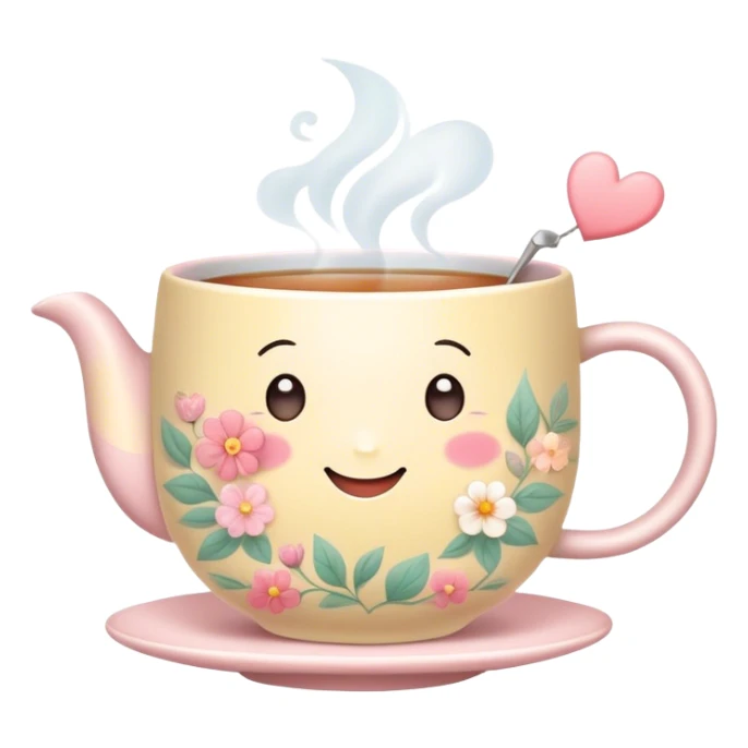 Cute Kawaii Tea Cup, steaming with warmth, a charming smiling face, soft pastel tones, delicate floral patterns, a tiny heart-shaped tea bag tag, cozy and inviting! sticker