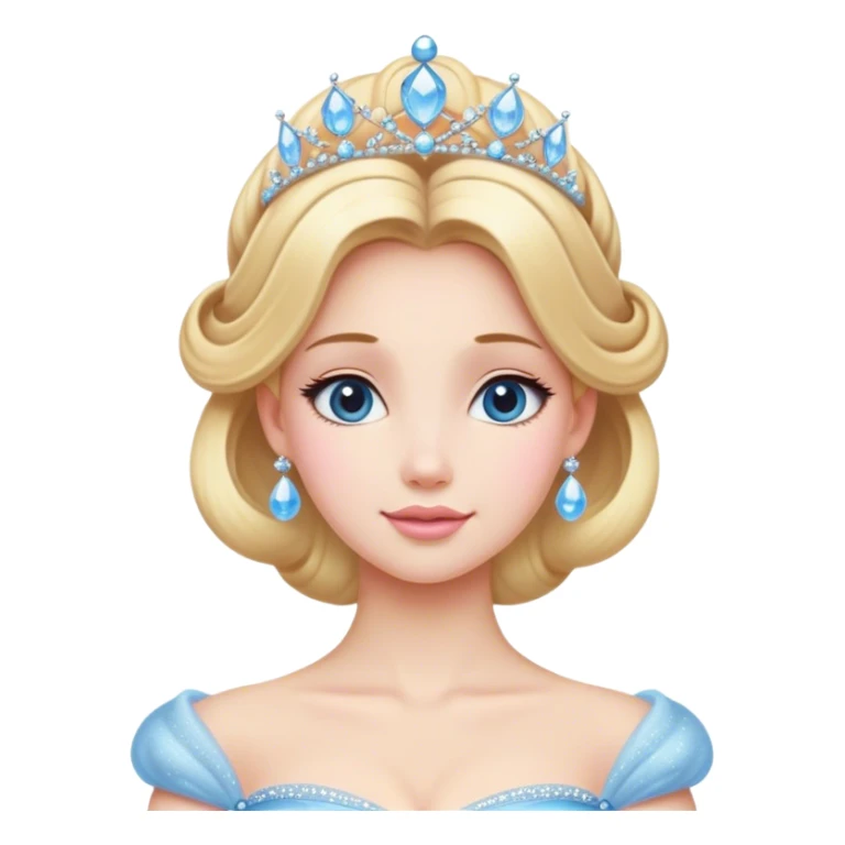 Cinematic Majestic Cinderella Portrait Emoji, rendered in a realistic, vector-style with clean, bold shapes. Depict Cinderella with a refined, noble expression, her fair skin luminous and her long blonde hair styled in an elegant updo, adorned with a delicate tiara. Her attire is a simple, sparkling ball gown that radiates soft pastel hues, glowing with a soft, majestic light and a subtle glowing outline, epitomizing classic royal beauty. sticker