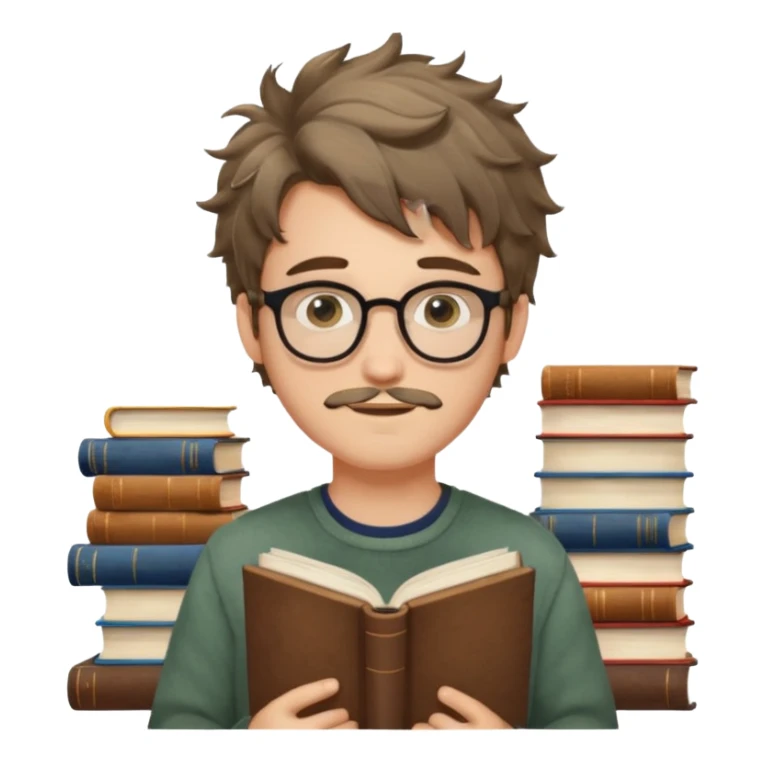 generate an ios genmoji of a fair 20 year guy with faint beard, spectacles, messy hair, books in hand sticker