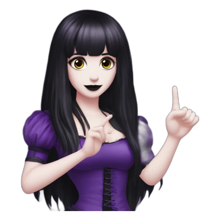 Elissabat -with bangs -long-hair-dark-plumpurple-and-black-vampire-goth-makeup-pinkeyes-romanticgothcloses-do a midele finger sticker