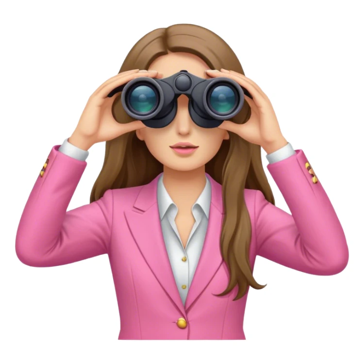 woman with long hair in a pink suit looking through binoculars, front view sticker