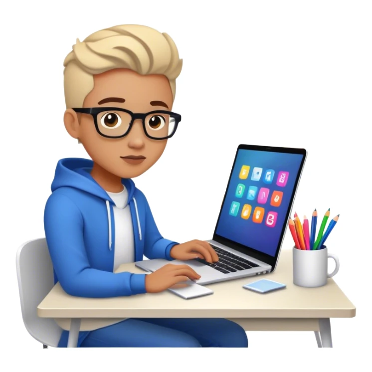 A web designer intensely working on a sleek laptop, surrounded by colorful design elements, glowing screens, and creative icons, with a focused expression and a modern workspace vibe. sticker