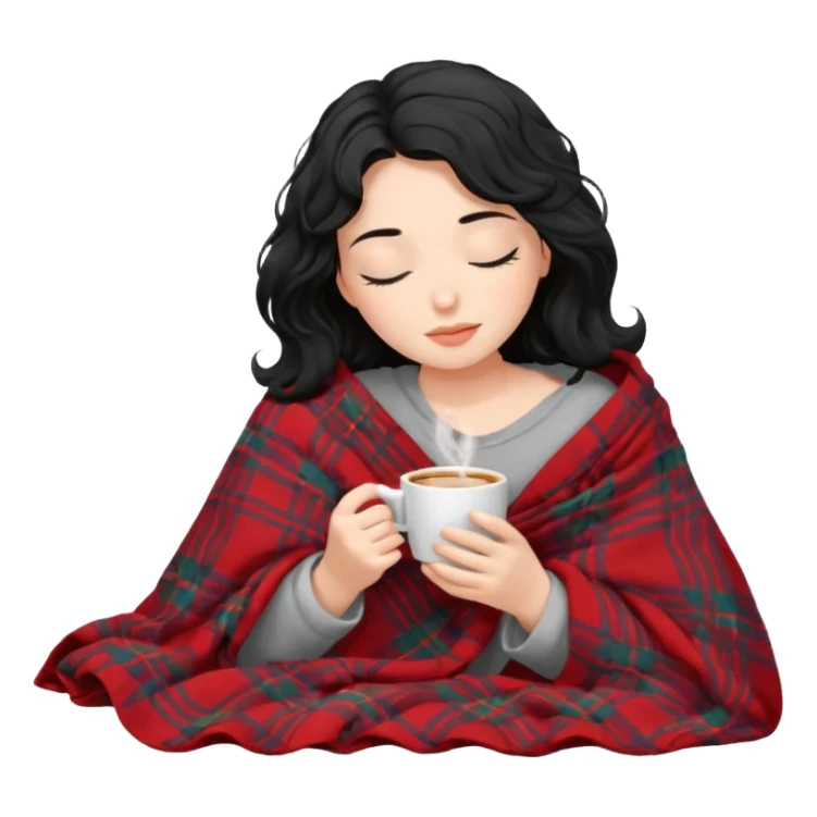girl black hair wavy inside a blanket sipping coffee eyes closed sticker