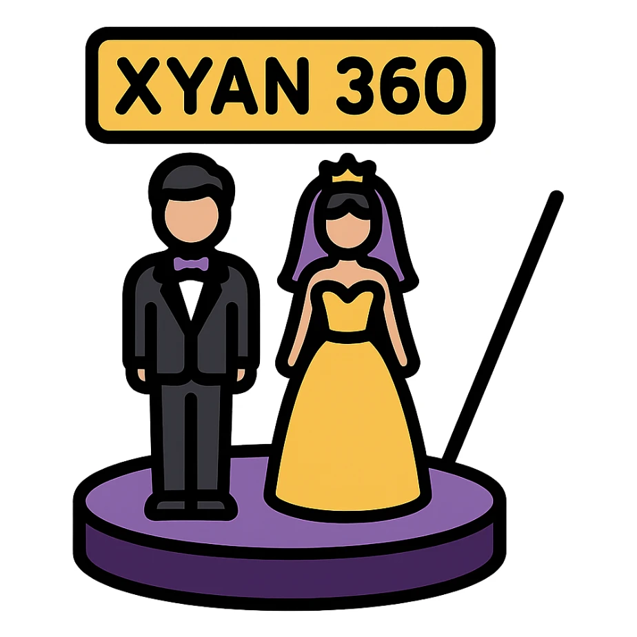 small simple icon of a bride and groom on a 360 spin booth, both dressed elegantly, with 'Xyan 360' signage, purple gold and black accents, luxury wedding event style sticker