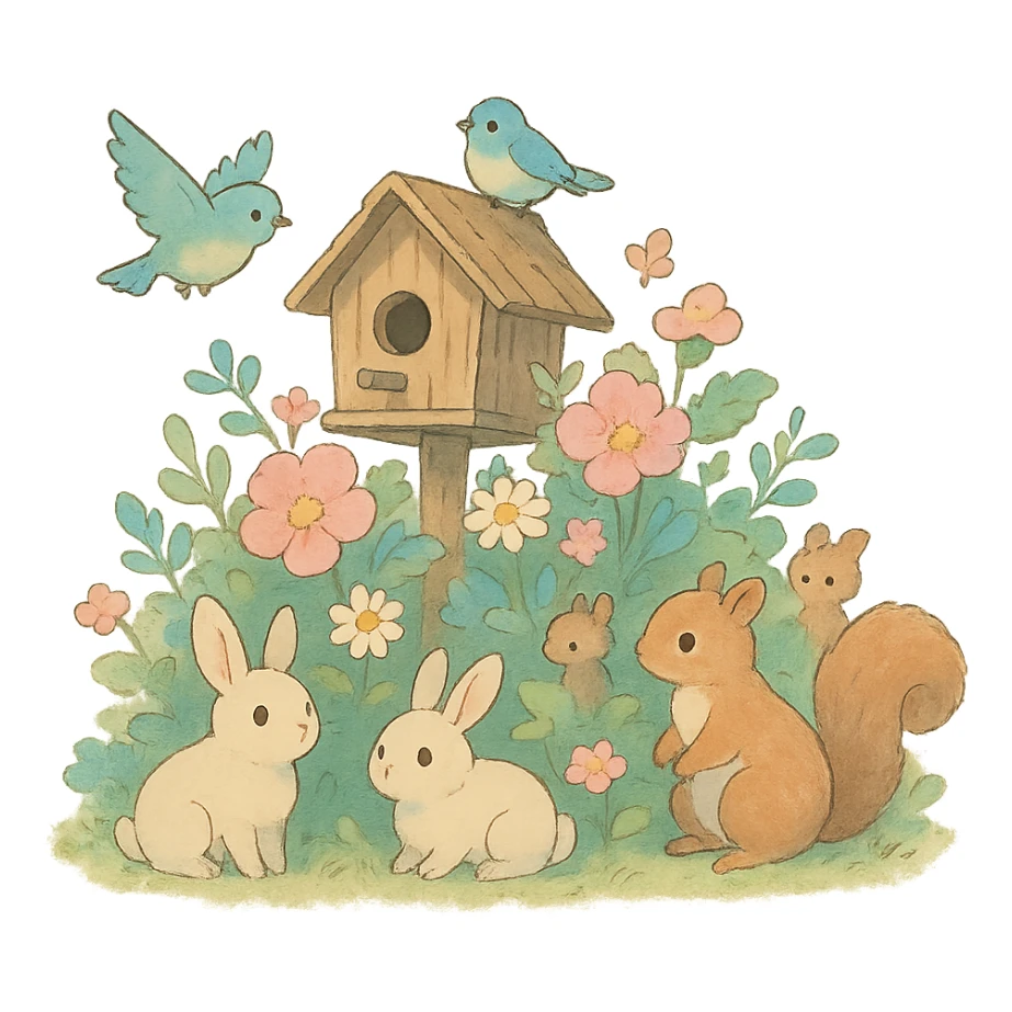 birdhouse with flowers and forest creatures including bunnies, birds, and squirrels, soft pastel colors, transparent background, ghibli style sticker