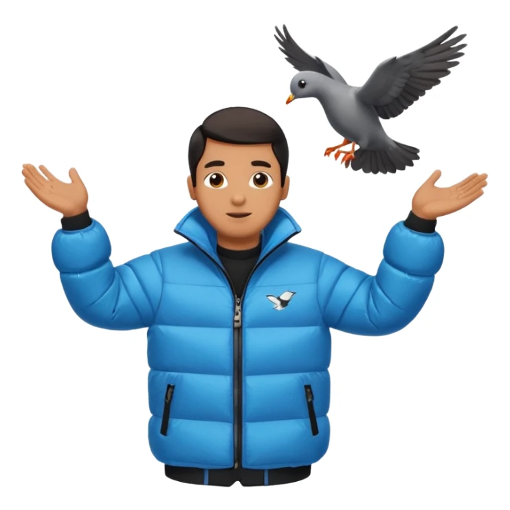 puffer shiny black jacket man open arms looking at a flying pigeon sticker
