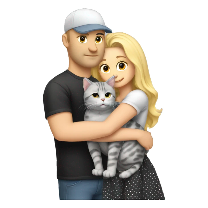 3 objects - a beautiful blonde with long hair and a polka-dotted dress, a bald handsome man in a cap and a rock T-shirt, and a fat gray cat with black spots. The man hugs the blonde and holds the cat in his hands sticker
