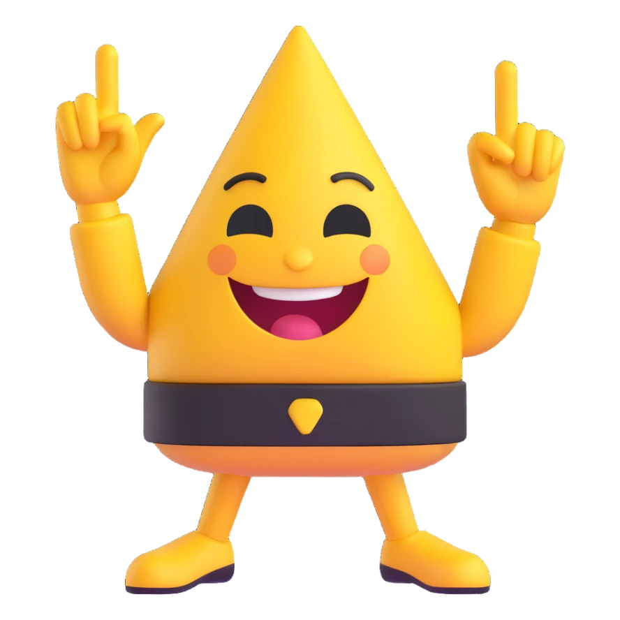 A 2D cartoon-style yellow emoji with a mischievous smile, triangle-shaped eyes, and both hands pointing upward with index fingers.  clean digital style, and a fun, dancing expression. Style similar to children’s drawing tutorials, dancing expression. No background, isolated on white.  sticker