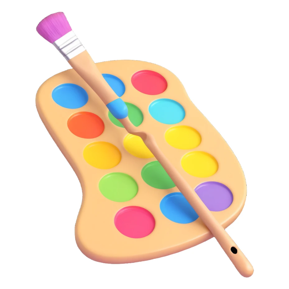 painter's palette with brush, 3D emoji style, pastel colors, plastic effect, no text sticker