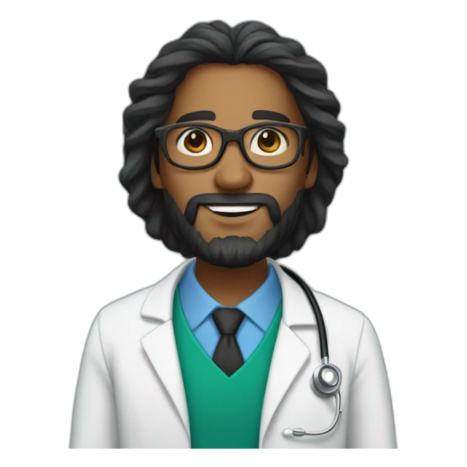 Dark-skinned Mauritian doctor with long black tousled hair with a circular beard and black glasses sticker