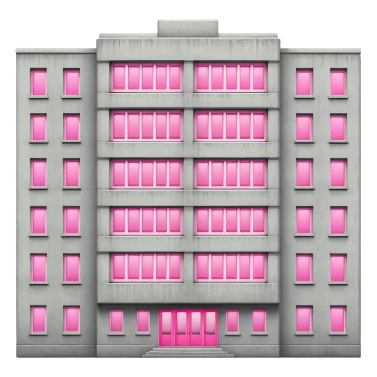 Soviet-style concrete apartment block with many normal windows and a single pink illuminated window sticker