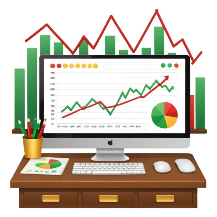 Mach mir einen schreibtisch mit einem bildschirm drauf wo mann einen Chart sieht von Gold sticker