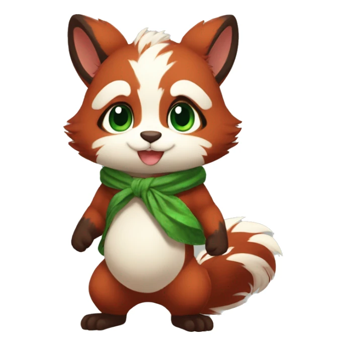 Cute, Chibi, chubby, fluffy, Kemono-style, Anthro, Fur-Sona, Dark-Red, Squirrel-RedPanda-hybrid-Fakémon, with a green bandana, full body sticker