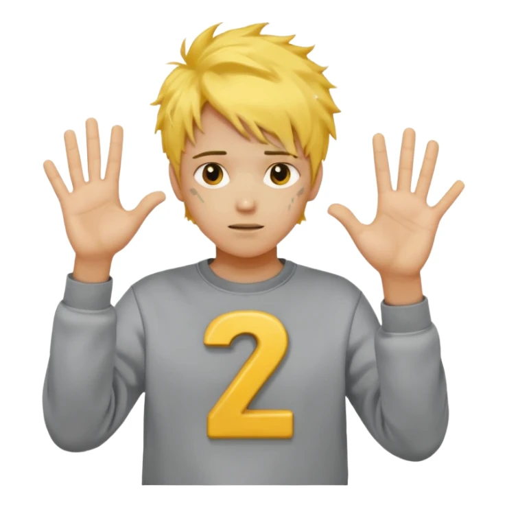 Make a guy in a grey sweatshirt and yellow messy hair hold his hands out one hand holding 6 the other holding 7 sticker