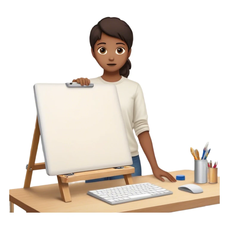 A person is **standing up from their desk**, a determined look on their face. In front of them is a **blank canvas, an open laptop, or a workbench**—a symbol of **taking action**. Their **future self**, glowing with confidence, is **guiding their hands as they type, paint, build, or create something sticker