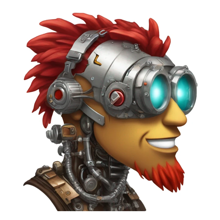 cyborg head with red Mohawk, red beard. silver steampunk monocle goggles a smile and circuits sticker