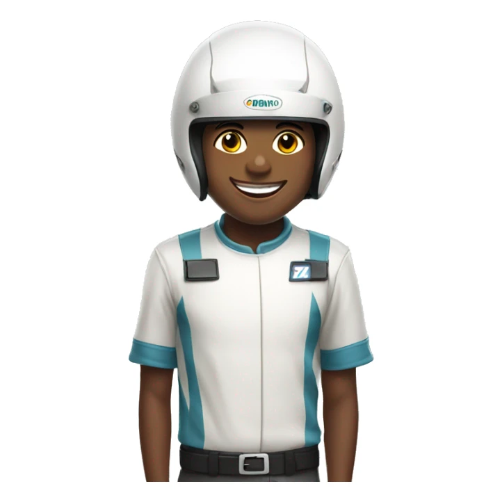 smiling boy in white shirt in a racing helmet sticker