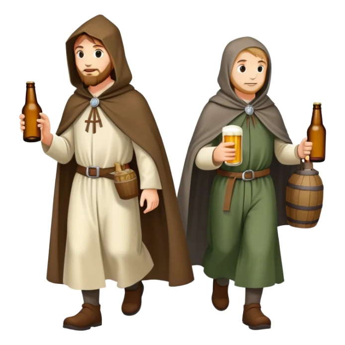 medieval pilgrims walking on a journey path with cloaks and beer bottles sticker
