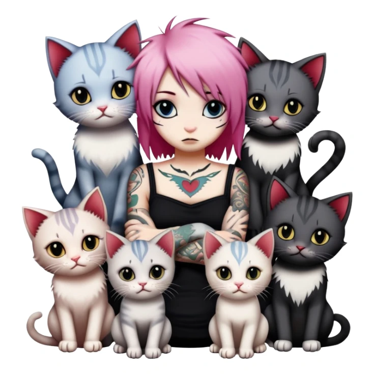 two emo cats in love with tattoos and cool hair, surrounded by five emo kittens sticker