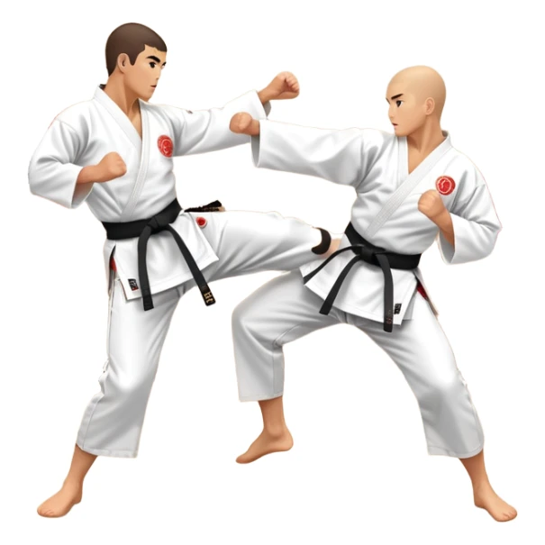 Two karate fighters in traditional gi sparring. One executes a high kick aimed at the opponent’s head, while the other blocks with a strong hand defense. The background features a classic dojo with wooden flooring and banners. Dynamic motion and focused expressions. Transparent background. sticker