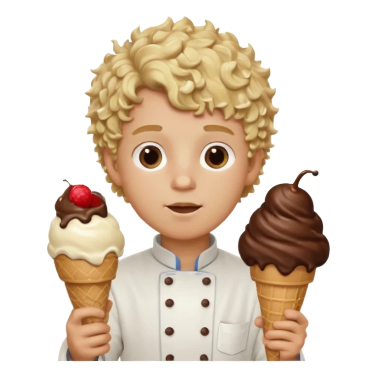 boy blonde curly hair, chef, eating big chocolate ice cream sticker