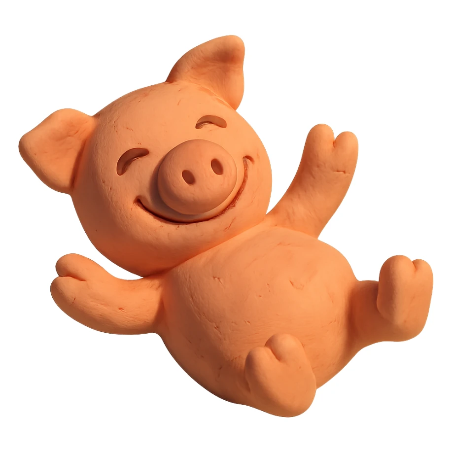 pig lying on its back, smiling, soft lighting, vibrant colors, claymation style sticker