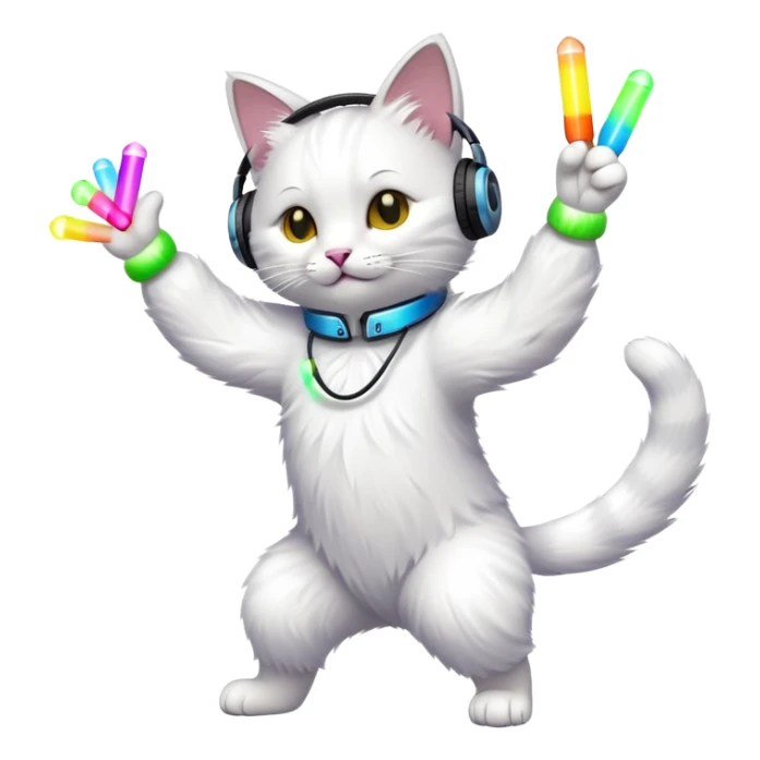 cat dancing with headphones, glow sticks, college party atmosphere sticker