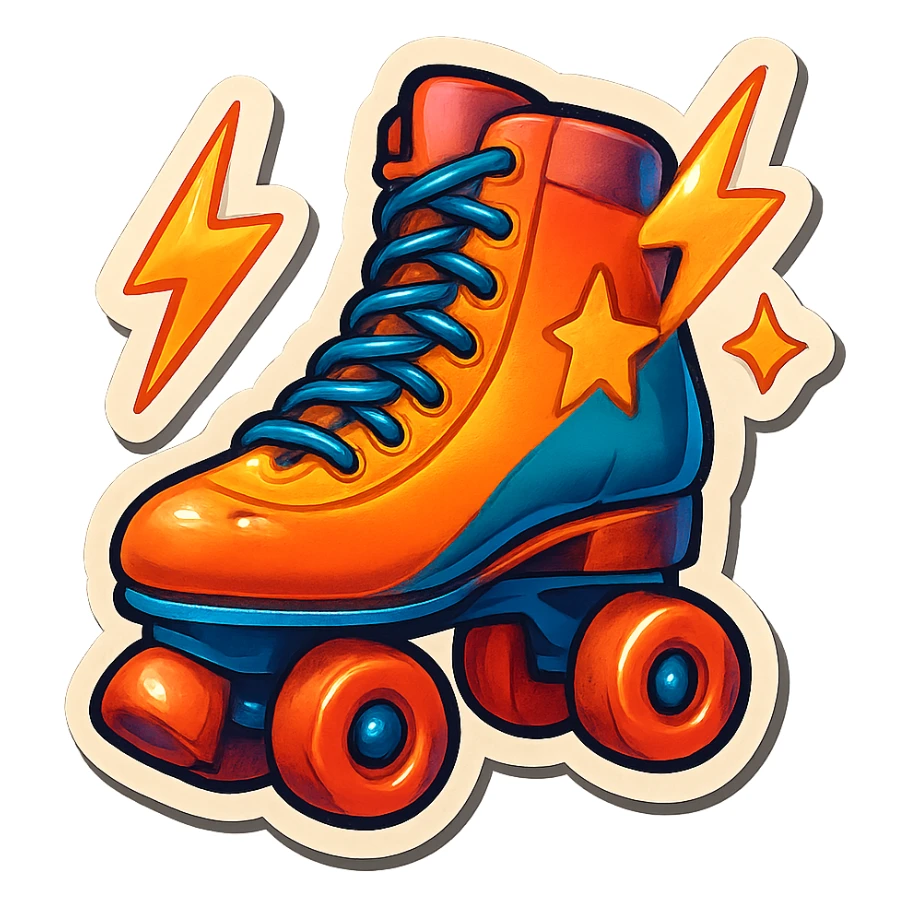 a roller skate with lightning bolts and stars, retro sticker style sticker