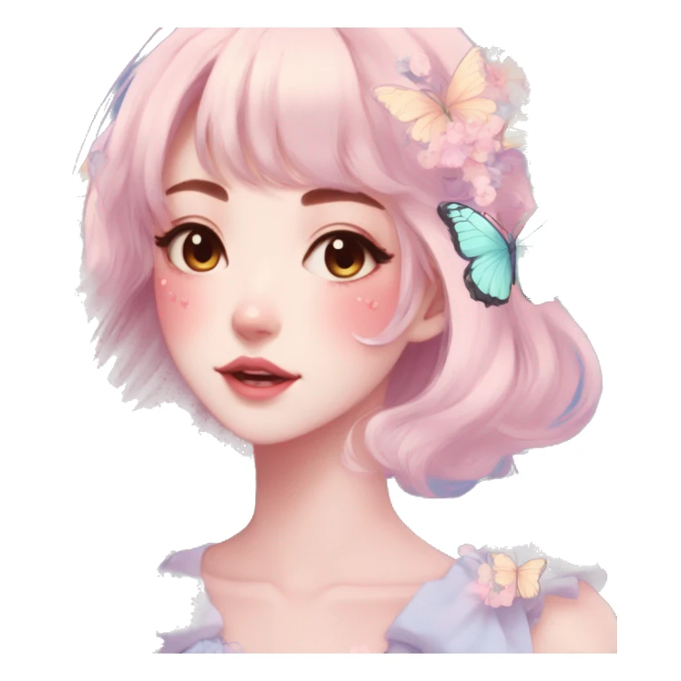 Gorgeous Pastel Anime-Style Lady With Butterflies on face cottage core pastelcore kawaii aesthetic trending style sticker