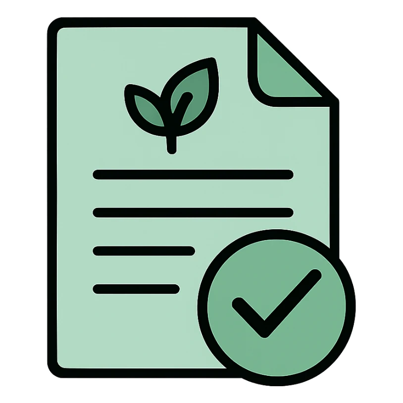 Skeuomorphic policy document icon with mint green #B5F4D3 and black #111111 color scheme, showing a document with environmental policy elements, clean symmetric design with subtle depth and soft light sticker