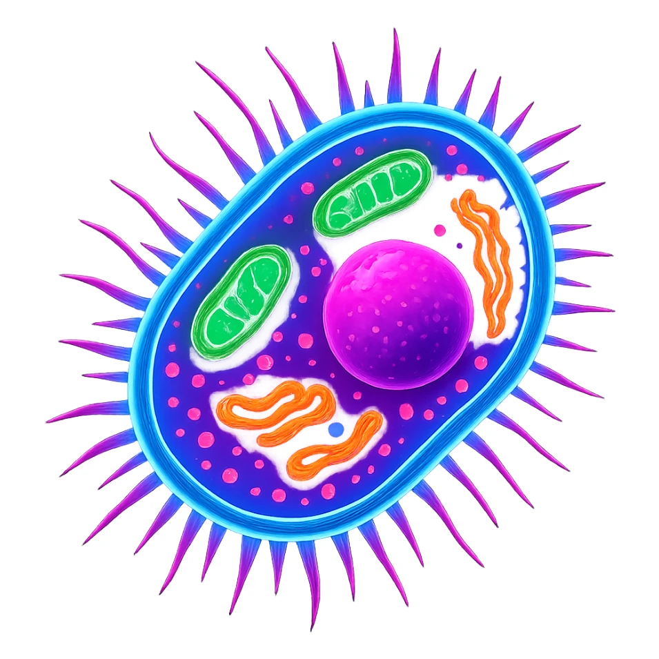 bacteria with visible nucleus and organelles, neon colors, high contrast sticker