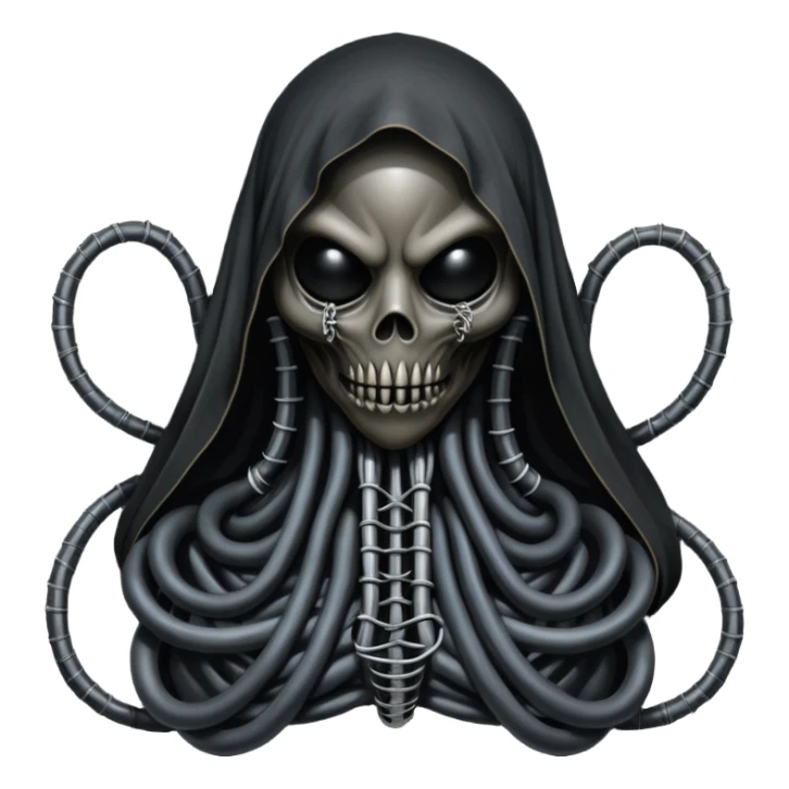 organic black wires merging into a monstrous occult creature, draped in black rags and bondage, Giger-esque sticker