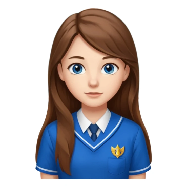 high school class room with a pretty female high school student with long brown hair, blue eyes sticker