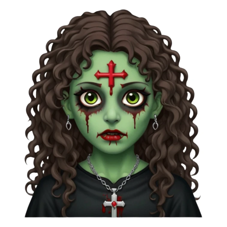 Zumbi verde com olhos castanhos aspecto de que tá sangrando, com cabelo marrom cacheado longo um piercing do lado esquerdo do nariz, roupa preta e crucifixo como colar, e também delineador  sticker