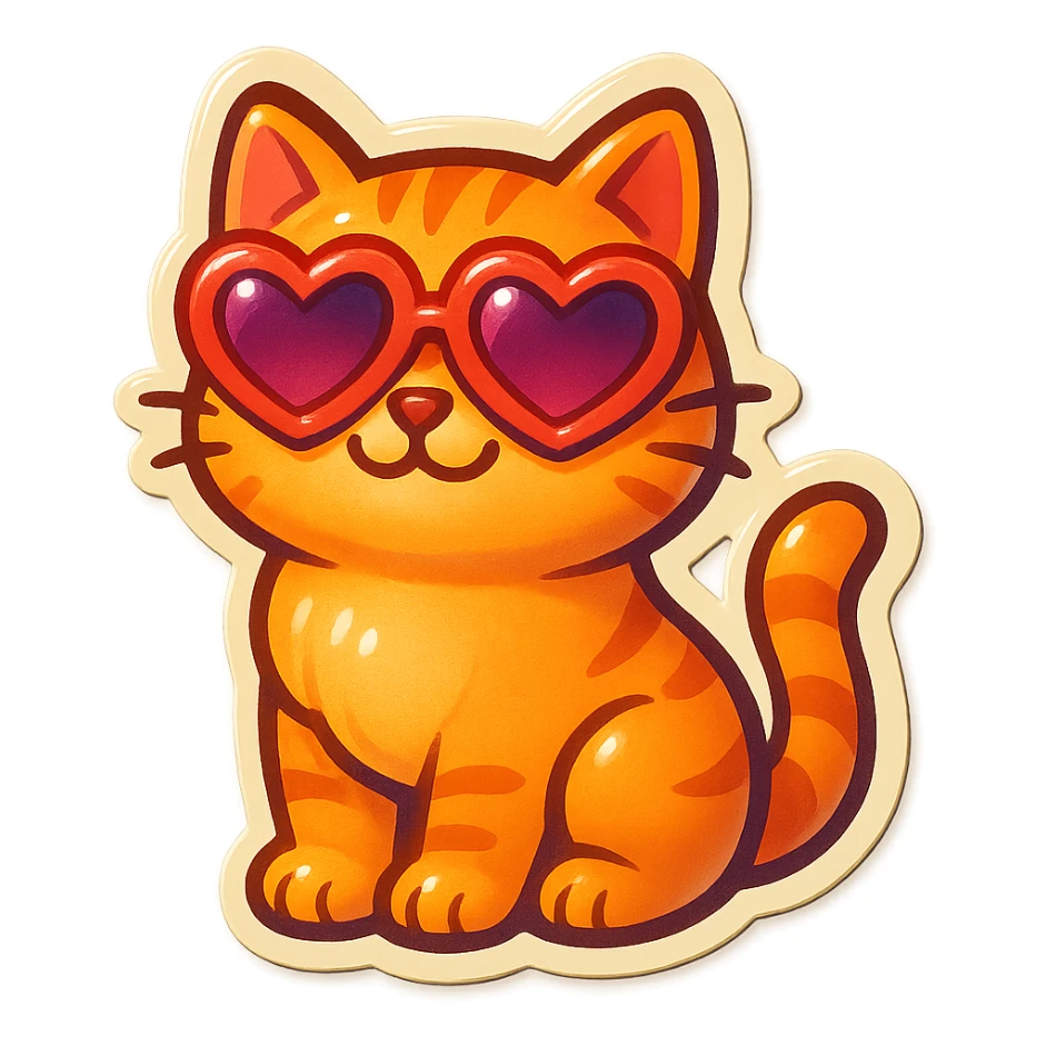 cat with heart-shaped sunglasses, sticker style, cute and fun sticker
