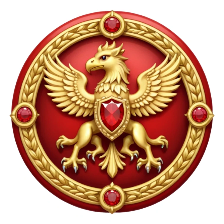 Golden griffin crest / brosch in a circle with two red gems and no background sticker