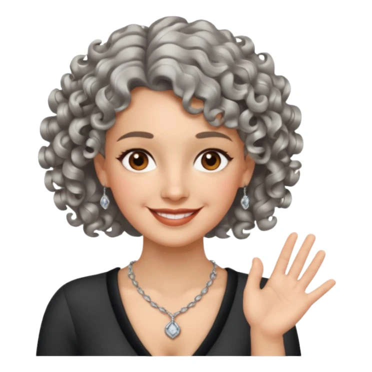 silver, short, wavy-haired with curls, smiling pretty lady, brown/hazel eyes, fingers crossed on right hand

 sticker