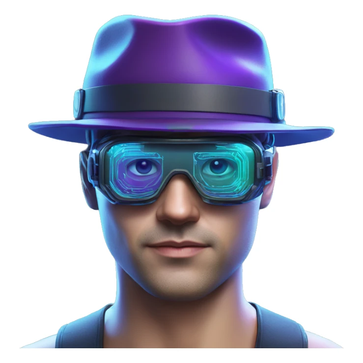 Secret human agent in a hat with  cyberpunk elements in Apple VR googles headset scanning looking reviewing multicolor lines of code, cyan and purple colors, only upper body portrait sticker