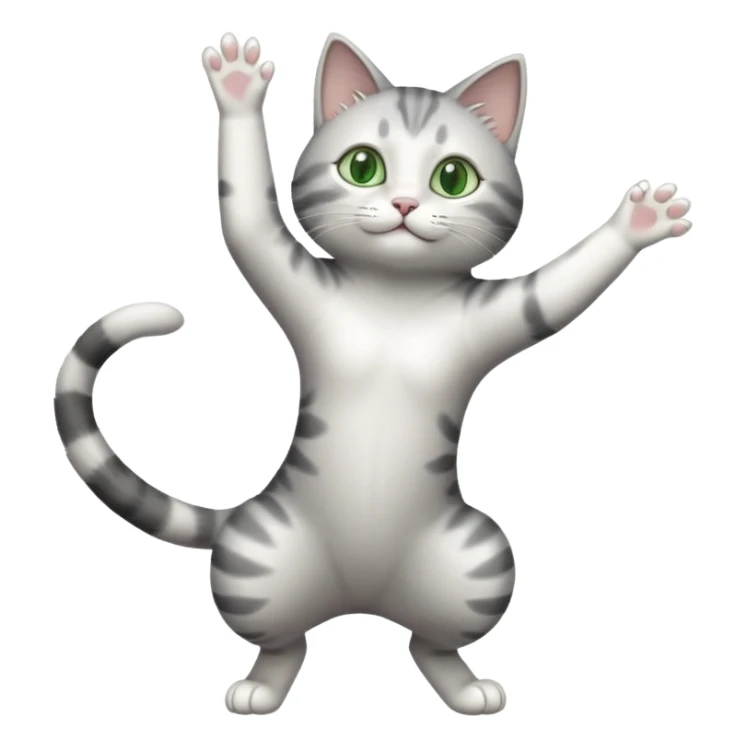 grey and white cat with green eyes doing a big extremely long stretch reaching up into the air with arms and legs side by side together sticker