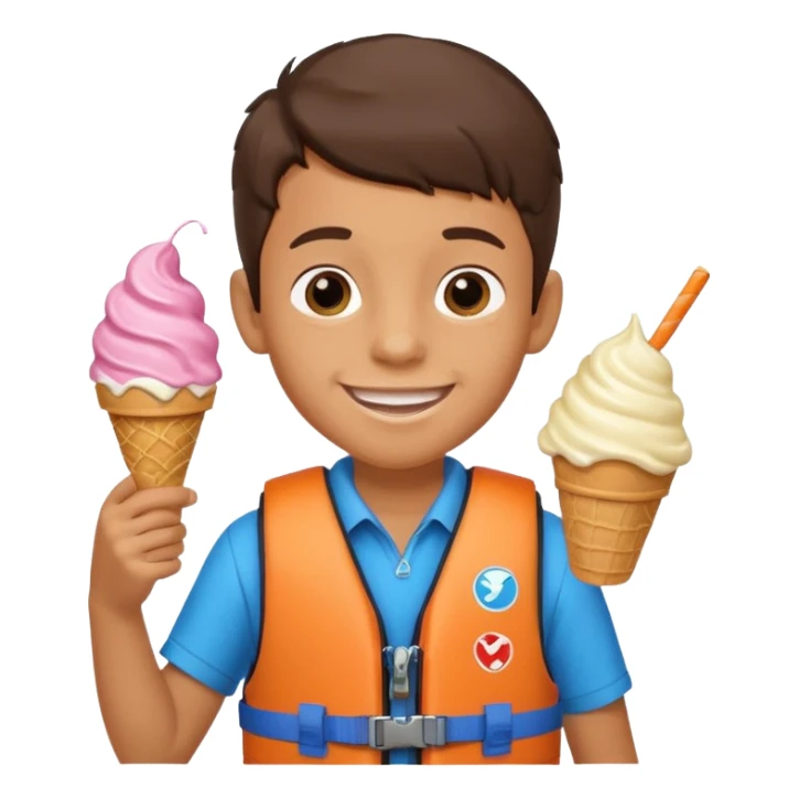 boy kid wearing lifejacket, holding ice cream sticker
