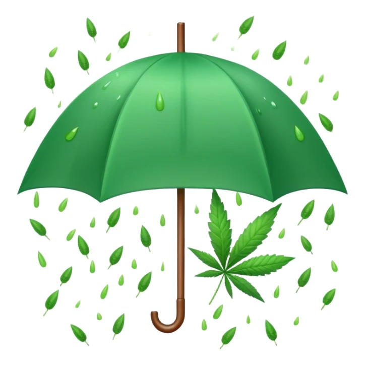 Candy raining from the sky with an umbrella and a cannabis leaf sticker