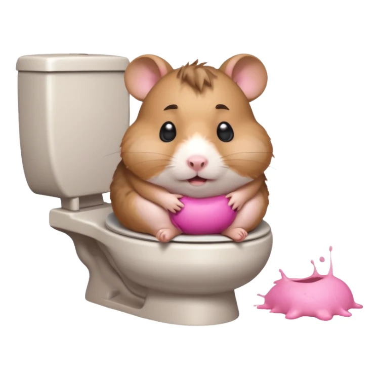 Cute chubby cartoon-style hamster sitting on toilet pooping looking as if he had an accident sticker