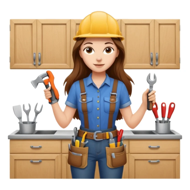 beautiful girl with long brown hair constructing new kitchen cabinets sticker
