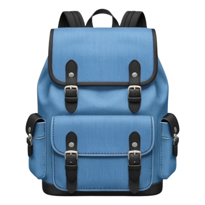 An emoji-style blue denim backpack with a flap top. Two short black buckle straps are attached only at the top flap, do  not extending to the bottom. The front is clean with no pockets or extended straps. The backpack has two side pockets. 


 sticker