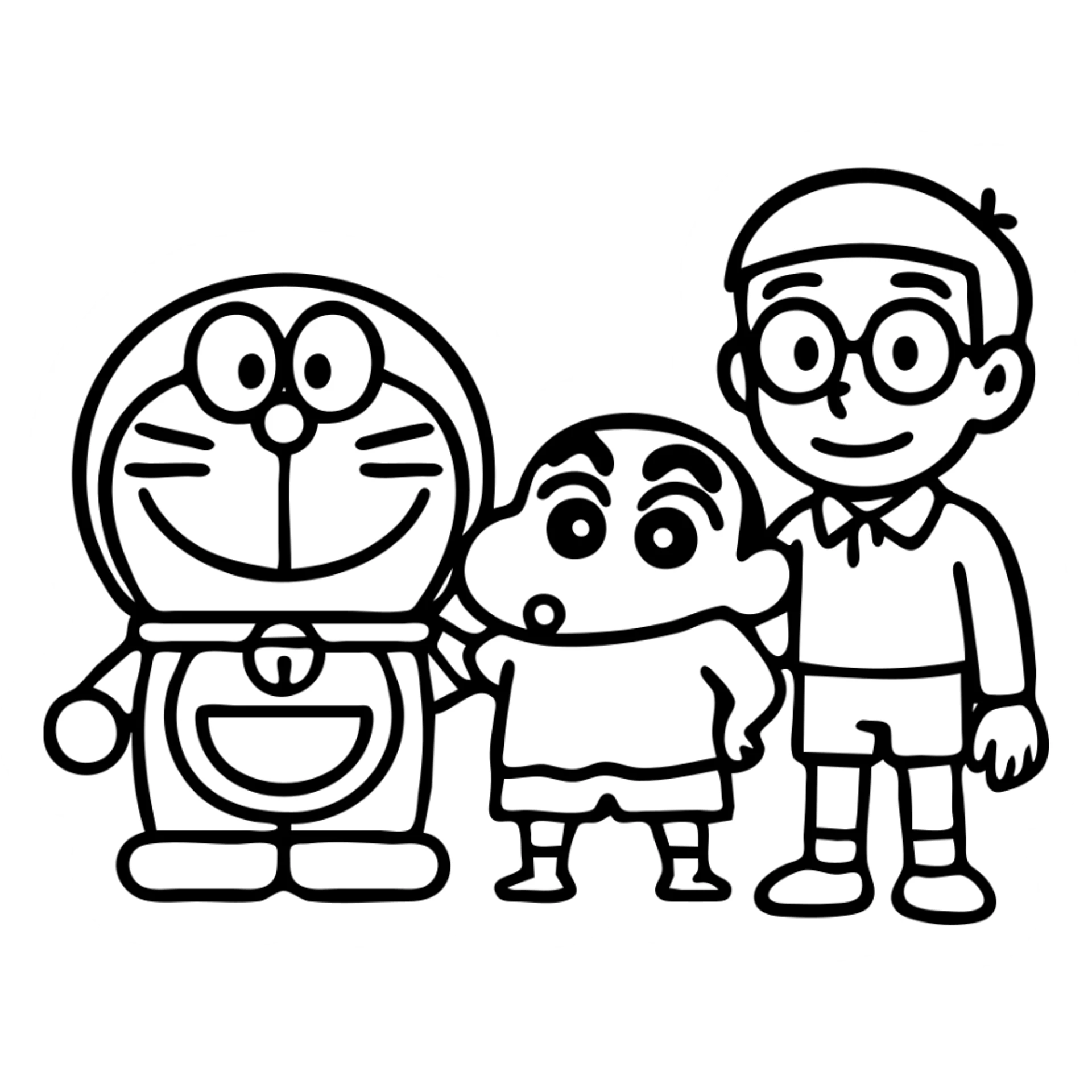 Add Nobita to the group with Doraemon and Shinchan as a simple and cute outlined icon, no background, minimalistic and clean lines. sticker