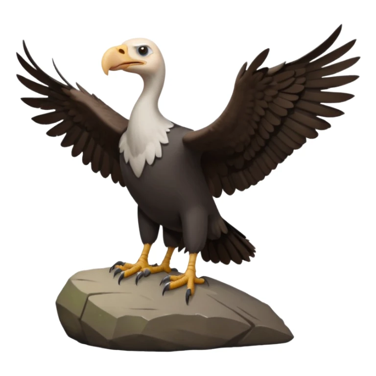 a vulture — large bird with dark brown feathers, bald WHİTE head, curved beak and sharp eyes — standing proudly on a rock — wings slightly open — realistic yet cute cartoon emoji look, clean lighting, soft shadows. sticker
