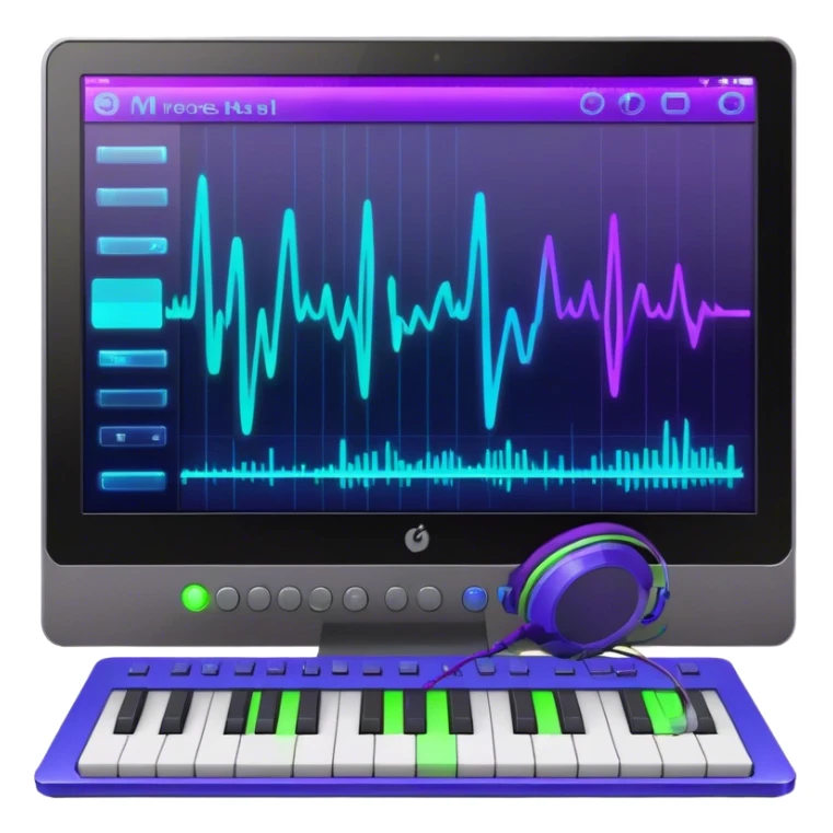 Create a creative and inspiring emoji that represents writing music tracks. The design should feature musical notes, a pen or pencil, and a digital audio workstation (DAW) interface or a computer screen with a visible waveform, symbolizing the process of composing and arranging a track. Add elements like a metronome or a pair of headphones to reflect the recording and editing aspects. Use vibrant colors like electric blue, purple, or neon green to represent creativity and innovation in music production. The background should be transparent. sticker