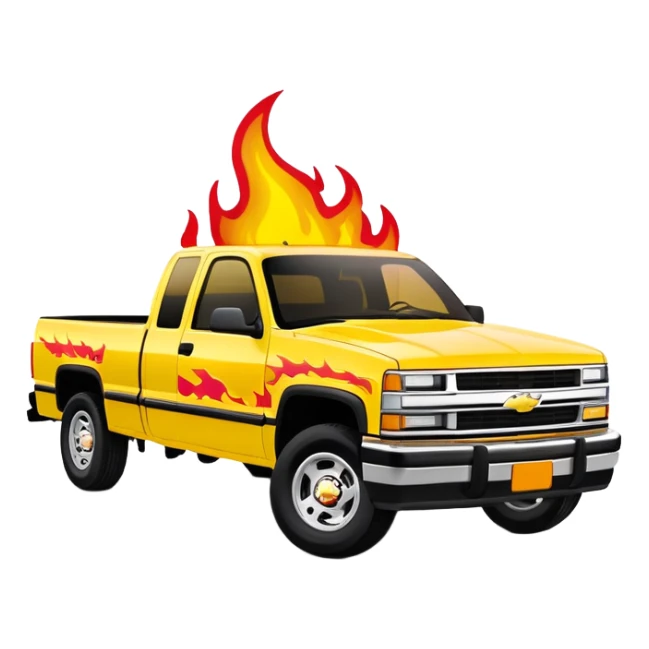 1997 Chevrolet Silverado C-2500 in bright yellow with screen-accurate red flame decal printed on the hood, faithful to Kill Bill movie design, 30-degree angle, iOS emoji style sticker