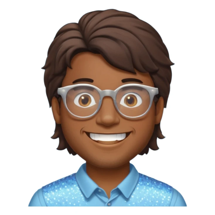 Brown guy with glasses with a whiffed front and puffed mullet, smiling with his teeth together and a sparkle from his teeth sticker