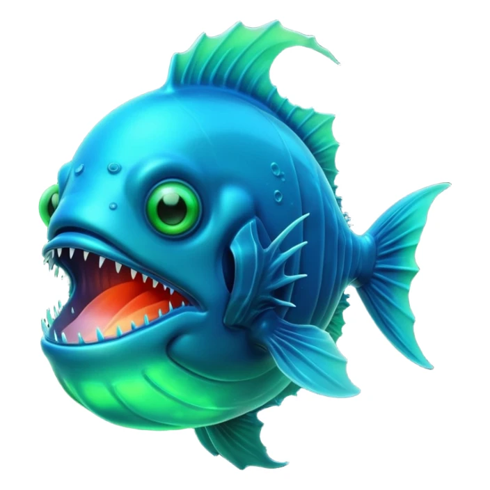3D render of Anglerfish, bioluminescent deep sea style, glowing neon blue and green lights, dark background to contrast the glow, translucent organic textures, Apple emoji style. sticker